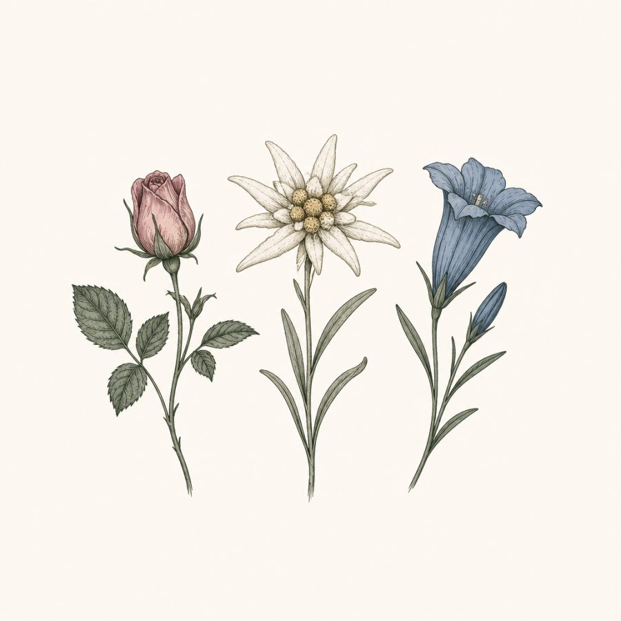 Drei Alpenblumen: Rose, Edelweiß und Enzian